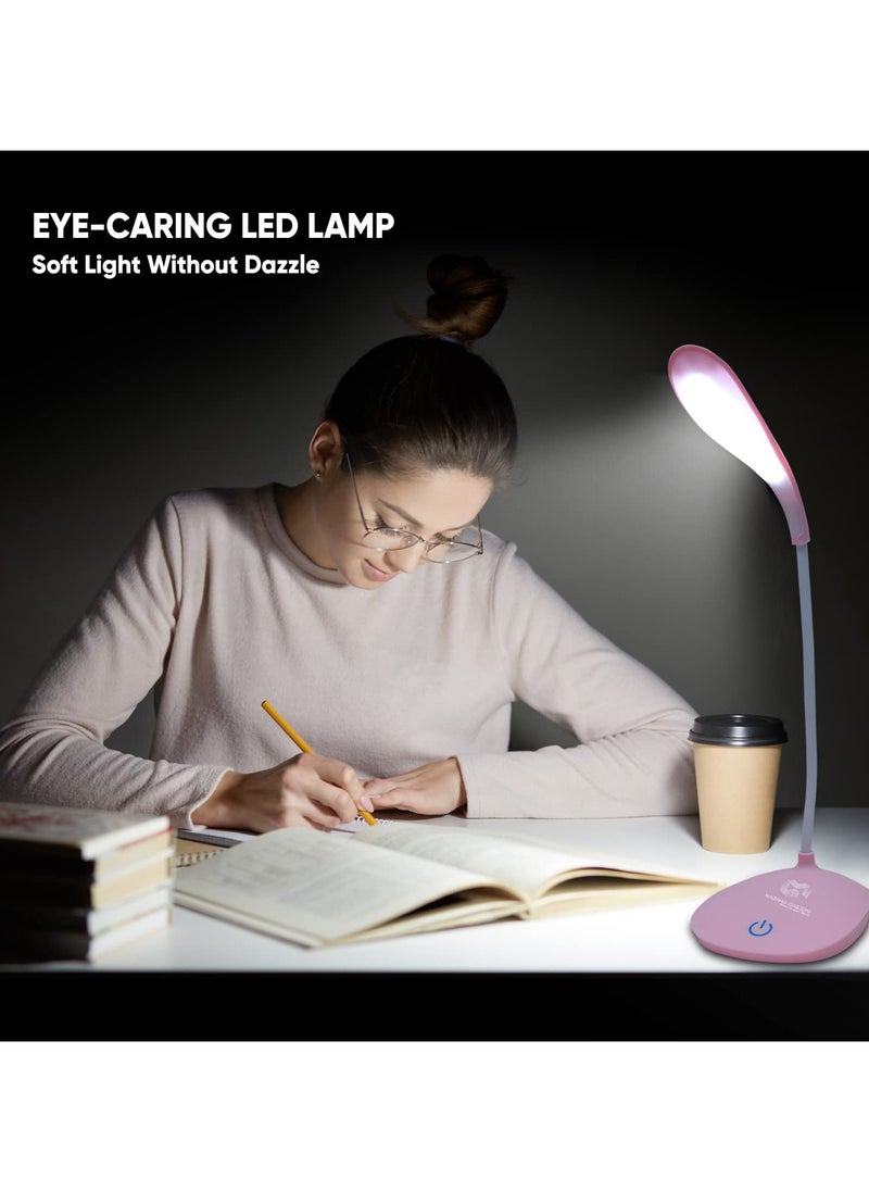 Desk Lamp with Flexible Gooseneck 3 Level Brightness, Rechargeable Table Light, Table Lamp 5W Touch Control, Dimmable Reading Lamp, Compact Portable lamp for Dorm Study Office Bedroom, Eye-Caring and Energy Saving (White)