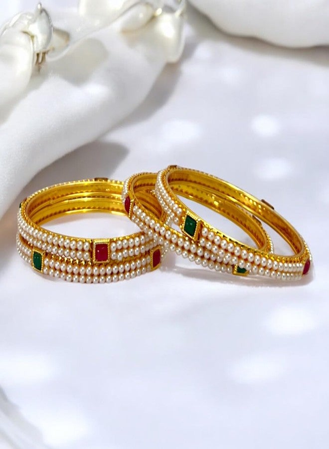 ACCESSHER AccessHerJewellery for women Traditional Gold Plated Bangles White Pearl for Women and Girls for Wedding, Rakshabandhan, party and any Special Occasions (Set of 4) - Image 3