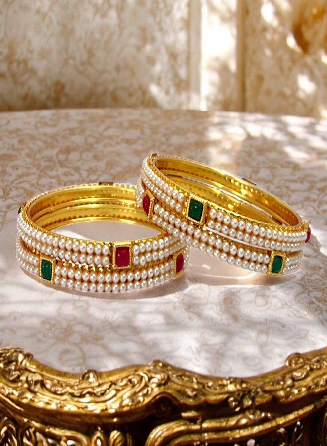 ACCESSHER AccessHerJewellery for women Traditional Gold Plated Bangles White Pearl for Women and Girls for Wedding, Rakshabandhan, party and any Special Occasions (Set of 4) - Image 4