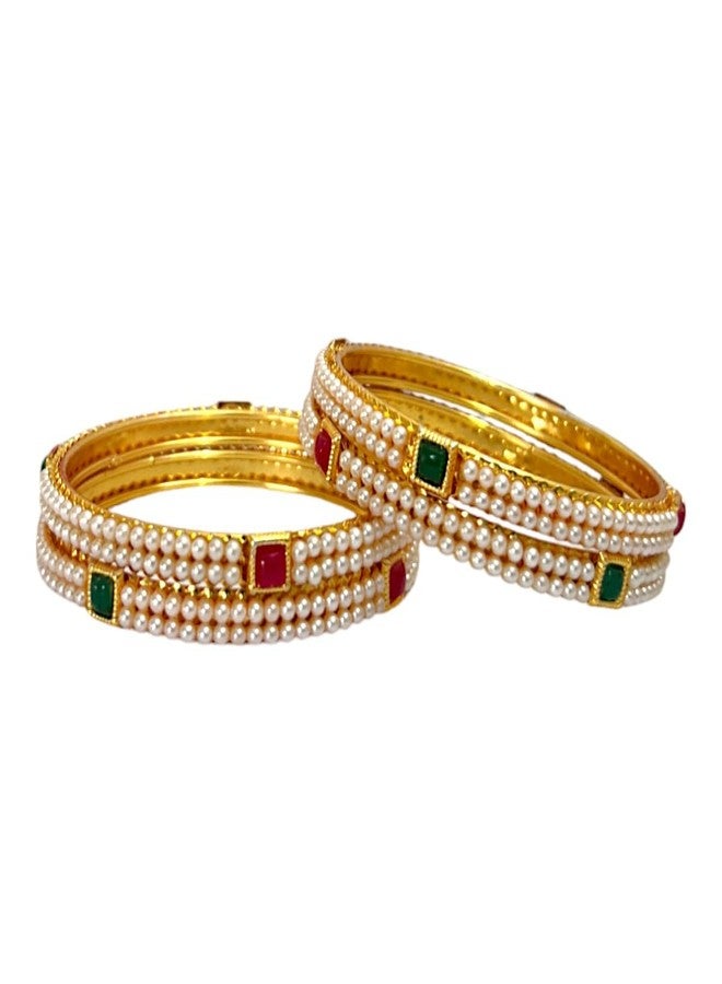 ACCESSHER AccessHerJewellery for women Traditional Gold Plated Bangles White Pearl for Women and Girls for Wedding, Rakshabandhan, party and any Special Occasions (Set of 4) - Image 1