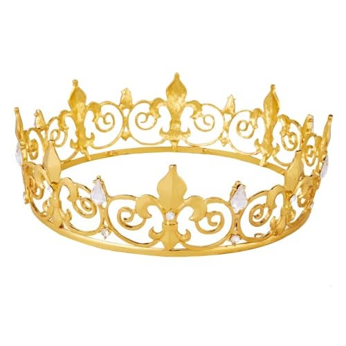 Vofler King Crown for Men - Vofler Gold Prince Mens Kings Queen Costume Crowns Royal Medieval Fleur De Lis Metal Headband Cake Topper for Adult Boy Bachelor Homecoming Birthday Prom Halloween Party Golden - Image 1