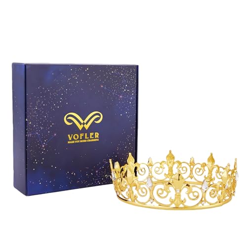 Vofler King Crown for Men - Vofler Gold Prince Mens Kings Queen Costume Crowns Royal Medieval Fleur De Lis Metal Headband Cake Topper for Adult Boy Bachelor Homecoming Birthday Prom Halloween Party Golden - Image 2