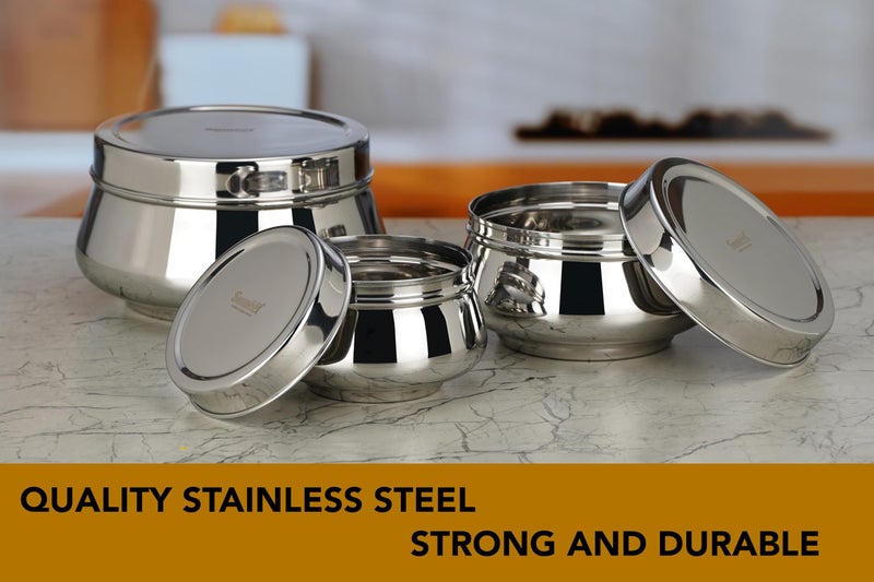 Sumeet Stainless Steel Handi Shape Big Size Canisters/Dabba/Storage Containers Set for kitchen, 11.6cm, 14.5cm & 17.5cm Dia, 900ml, 1450ml & 2400ml, Pack of 3, Silver - Image 3
