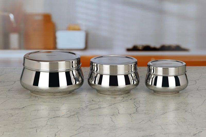 Sumeet Stainless Steel Handi Shape Big Size Canisters/Dabba/Storage Containers Set for kitchen, 11.6cm, 14.5cm & 17.5cm Dia, 900ml, 1450ml & 2400ml, Pack of 3, Silver - Image 1