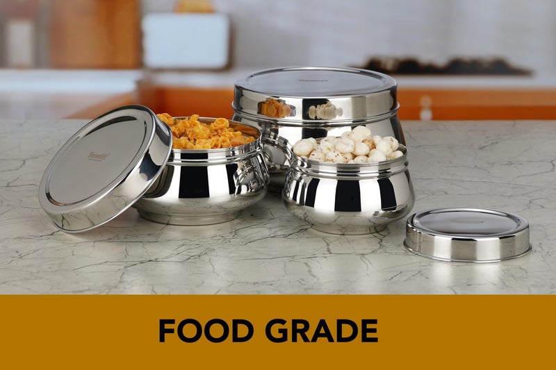 Sumeet Stainless Steel Handi Shape Big Size Canisters/Dabba/Storage Containers Set for kitchen, 11.6cm, 14.5cm & 17.5cm Dia, 900ml, 1450ml & 2400ml, Pack of 3, Silver - Image 2