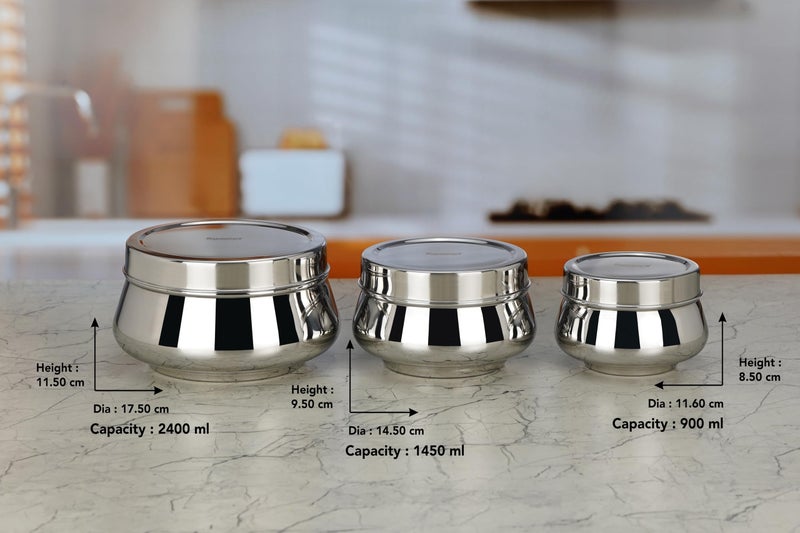 Sumeet Stainless Steel Handi Shape Big Size Canisters/Dabba/Storage Containers Set for kitchen, 11.6cm, 14.5cm & 17.5cm Dia, 900ml, 1450ml & 2400ml, Pack of 3, Silver - Image 4