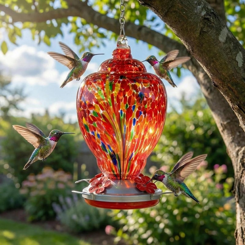WOSIBO Hummingbird Feeder for Outdoors Patio Large 34 Ounces Colorful Hand Blown Glass Hummingbird Feeder with Ant Moat Hanging Hook, Rope, Brush and Service Card (RED-Firework) - Image 3