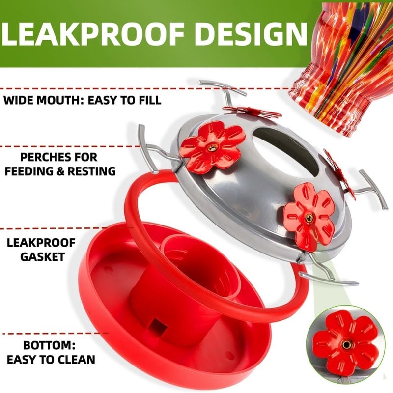 WOSIBO Hummingbird Feeder for Outdoors Patio Large 34 Ounces Colorful Hand Blown Glass Hummingbird Feeder with Ant Moat Hanging Hook, Rope, Brush and Service Card (RED-Firework) - Image 4