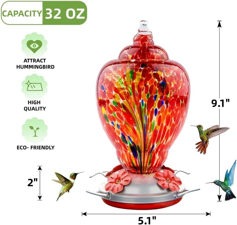WOSIBO Hummingbird Feeder for Outdoors Patio Large 34 Ounces Colorful Hand Blown Glass Hummingbird Feeder with Ant Moat Hanging Hook, Rope, Brush and Service Card (RED-Firework) - Image 2