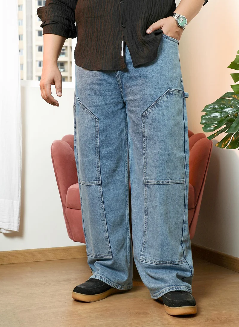 Instafab Plus Instafab Plus Men's Navy Blue Panelled Straight-Fit Denim Jeans | Mid-Rise , Straight Hem , Button Closure | Solid Denim Cotton Material For Street & Casual Wear