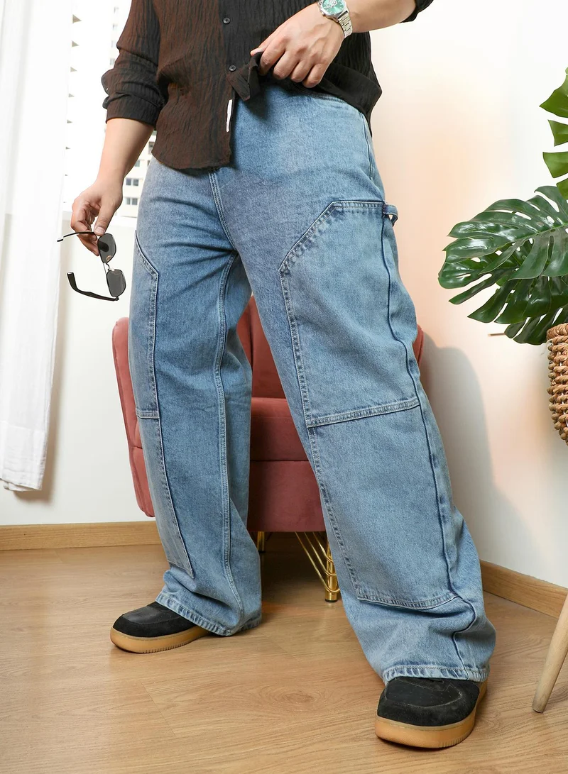 Instafab Plus Instafab Plus Men's Navy Blue Panelled Straight-Fit Denim Jeans | Mid-Rise , Straight Hem , Button Closure | Solid Denim Cotton Material For Street & Casual Wear