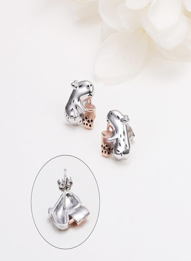 Yearace Capybara Stud Earrings 925 Sterling Silver Cute Bubble Tea Earrings Hypoallergenic Capybara Jewelry Gifts for Women - Image 3