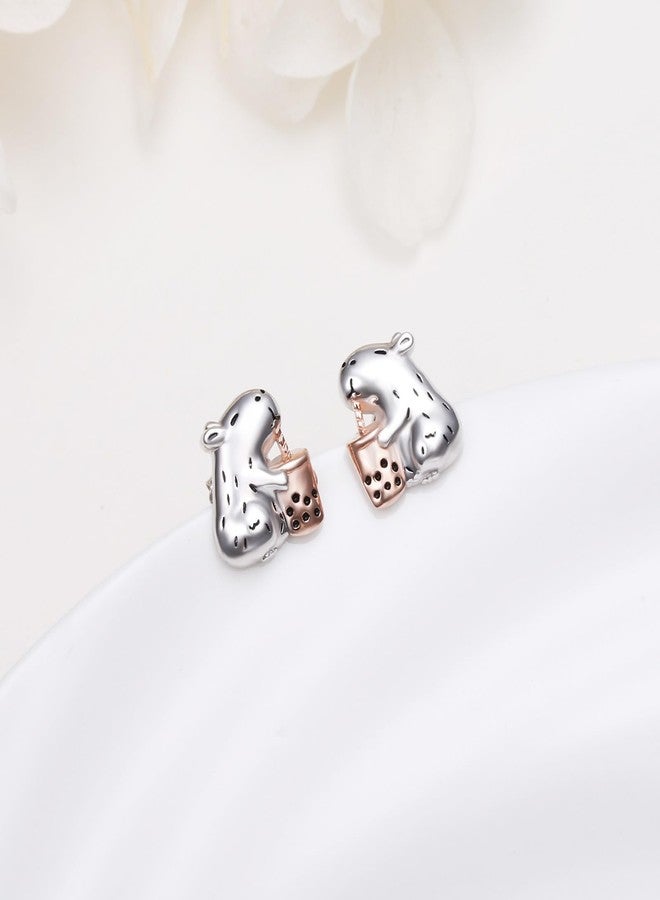 Yearace Capybara Stud Earrings 925 Sterling Silver Cute Bubble Tea Earrings Hypoallergenic Capybara Jewelry Gifts for Women - Image 2