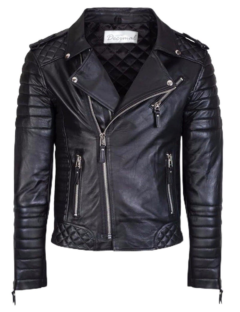DECIMAL Mens Black REAL Lambskin Leather Biker Jacket VINTAGE GENUINE MOTORCYCLE JACKETS FOR MEN US Alpha 3XLarge Regular Regular C BLACK