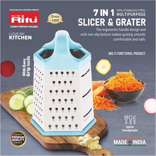Ritu J-381 Vegetable Grater & Slicer|Stainless Steel 7 in 1 Kitchen Chopper| Grater for Cheese|Vegetables|Ginger (Silver) - Image 2