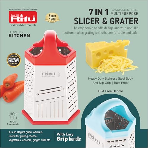 Ritu J-381 Vegetable Grater & Slicer|Stainless Steel 7 in 1 Kitchen Chopper| Grater for Cheese|Vegetables|Ginger (Silver) - Image 4
