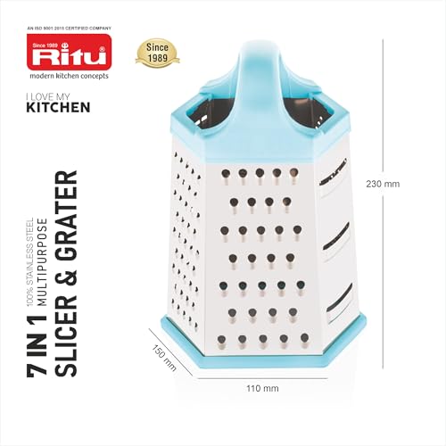 Ritu J-381 Vegetable Grater & Slicer|Stainless Steel 7 in 1 Kitchen Chopper| Grater for Cheese|Vegetables|Ginger (Silver) - Image 5