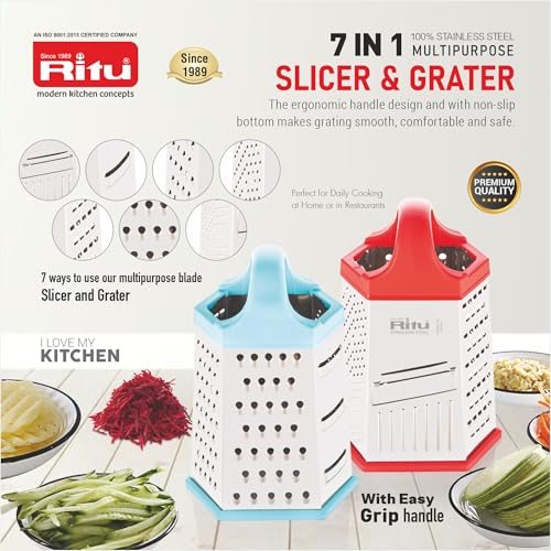 Ritu J-381 Vegetable Grater & Slicer|Stainless Steel 7 in 1 Kitchen Chopper| Grater for Cheese|Vegetables|Ginger (Silver) - Image 3
