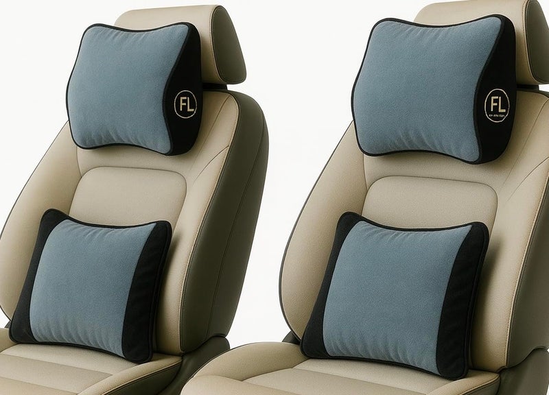 Velvet Car Neck Rest Cushions & Pillow Backrest Set –Fiber-Filled Dual Cushion Combo for Cars – Soft & Supportive Ergonomic Pillows – Pack of 4 (2 Neck + 2 Back,Blue-Black)