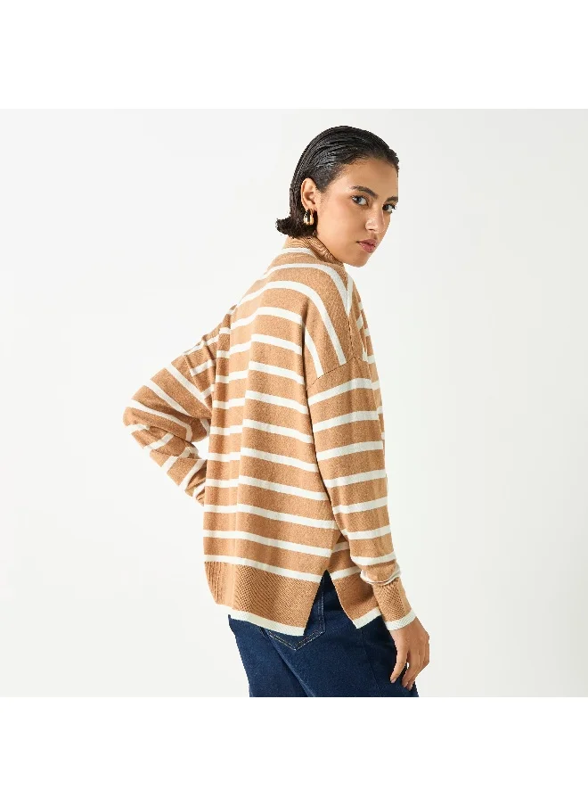2Xtremz Oversized Striped High Neck  Sweaters