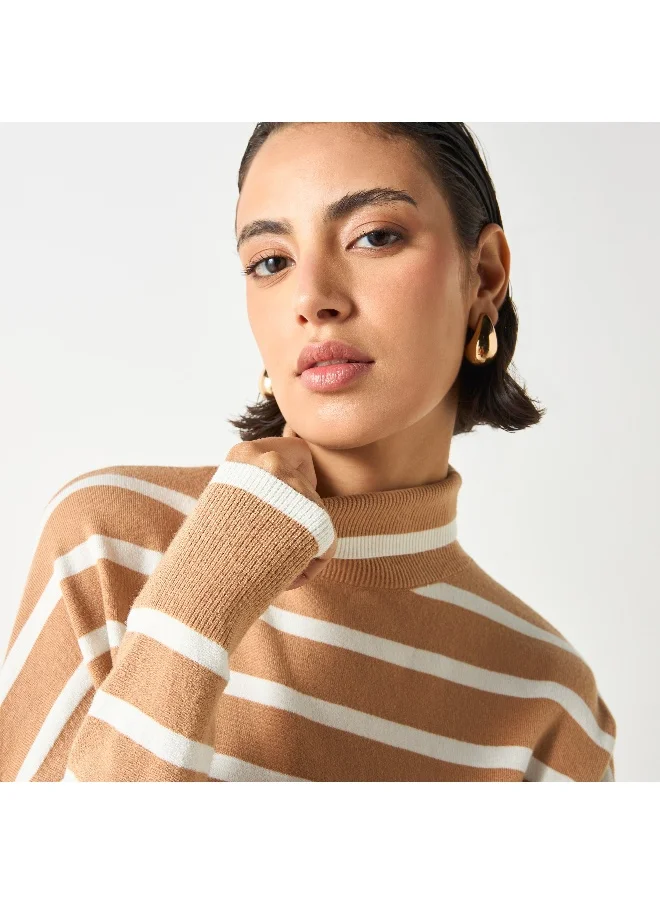 2Xtremz Oversized Striped High Neck  Sweaters