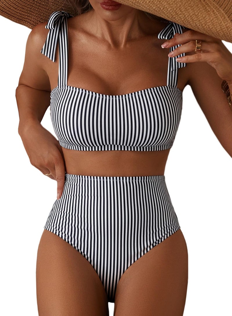 Herseas Women's Black Striped 2 Piece Bikini Sets Adjustable Tie Shoulder Push Up Swim Suits 2026 Summer High Waisted Ladies Bathing Suit Casual Resort Outfits Medium - Image 1
