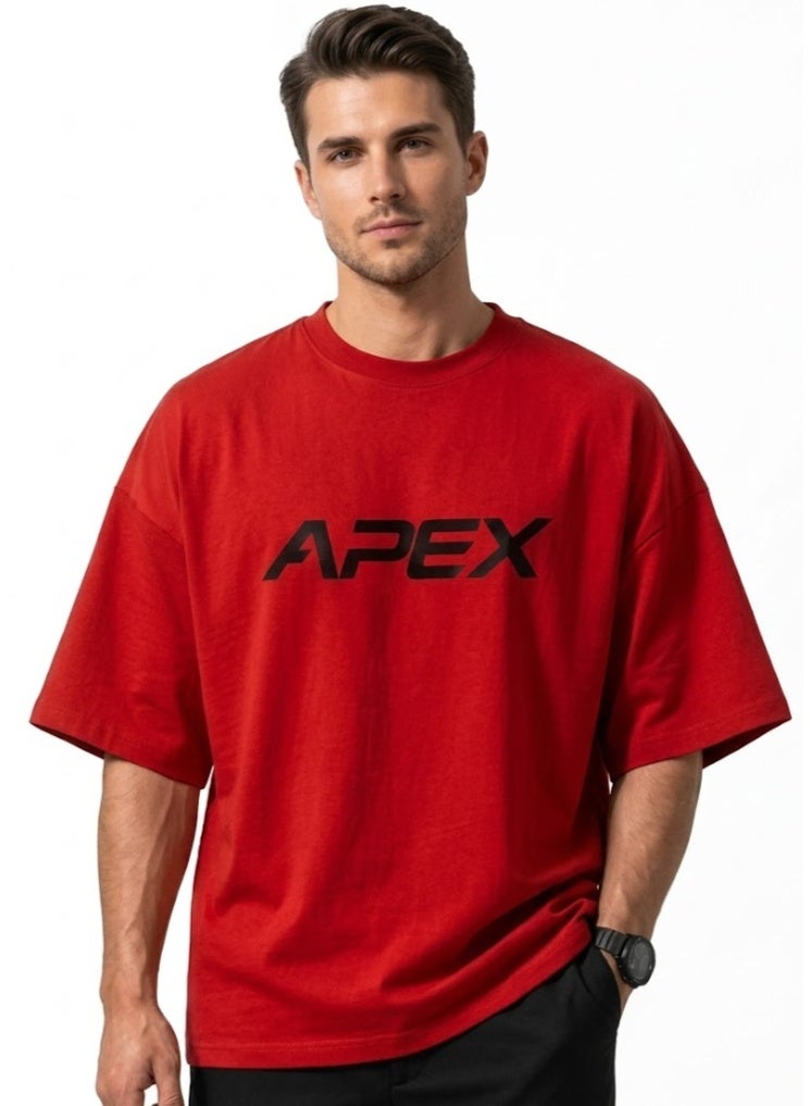 أبيكس تيشرت رجالي أوفرسايز فاخر من أبكس (APEX) – قطن مصري نقي وتصميم ستريت وير عصري – لون أحمر زاهي - Image 1