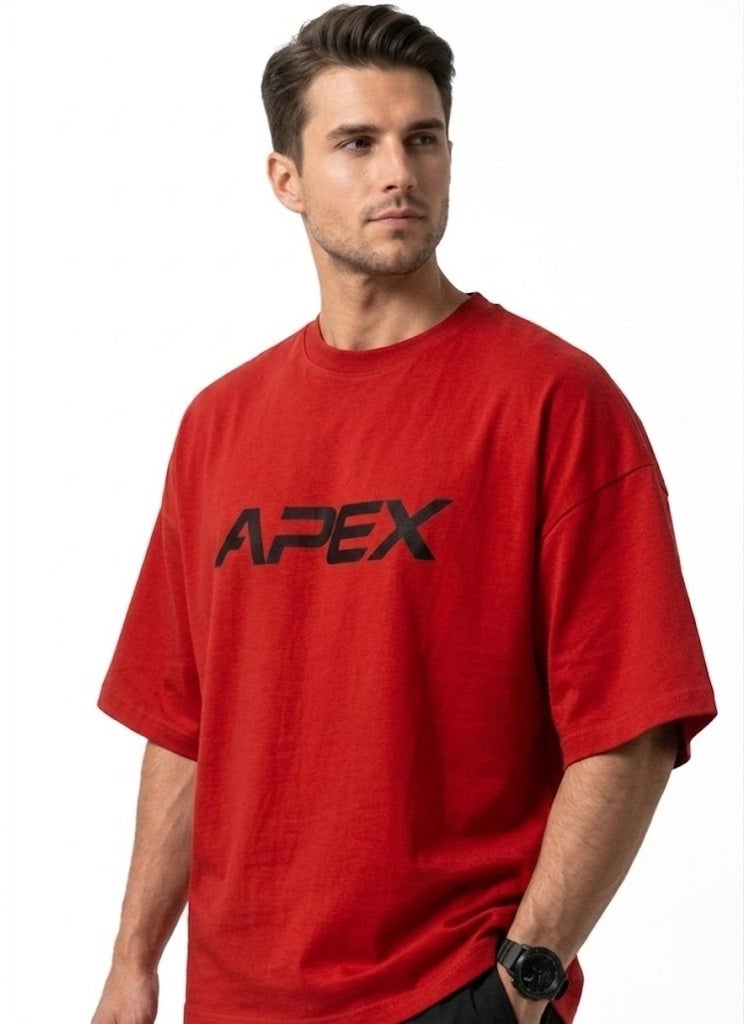 أبيكس تيشرت رجالي أوفرسايز فاخر من أبكس (APEX) – قطن مصري نقي وتصميم ستريت وير عصري – لون أحمر زاهي - Image 2
