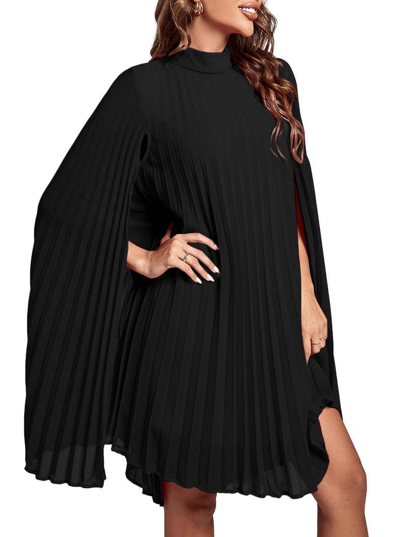 Rooscier Women's Pleated Mock Neck Cloak Sleeve Keyhole Back Flowy Party Midi Dress Plain Black Large - Image 3