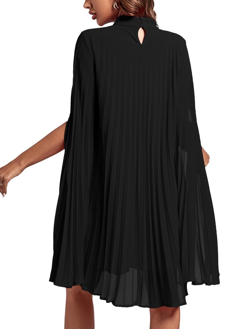 Rooscier Women's Pleated Mock Neck Cloak Sleeve Keyhole Back Flowy Party Midi Dress Plain Black Large - Image 2