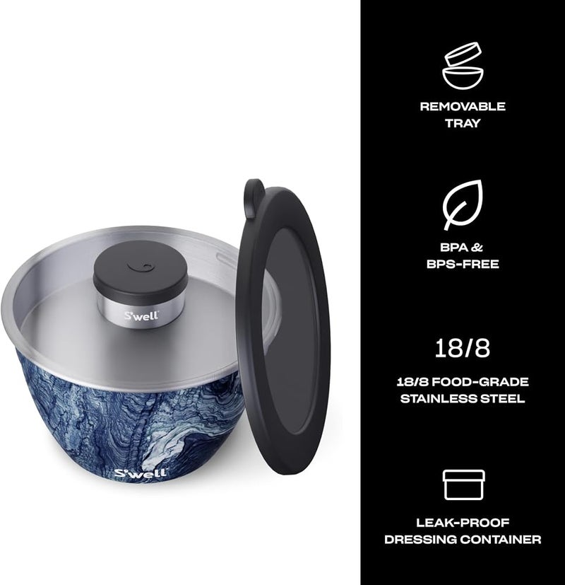S'well Stainless Steel Salad Bowl Kit - 64oz, Azurite - Comes with 2oz Condiment Container and Removable Tray for Organization - Leak-Proof, Easy to Clean, Dishwasher Safe - Image 3