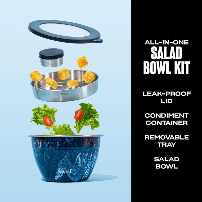 S'well Stainless Steel Salad Bowl Kit - 64oz, Azurite - Comes with 2oz Condiment Container and Removable Tray for Organization - Leak-Proof, Easy to Clean, Dishwasher Safe - Image 2