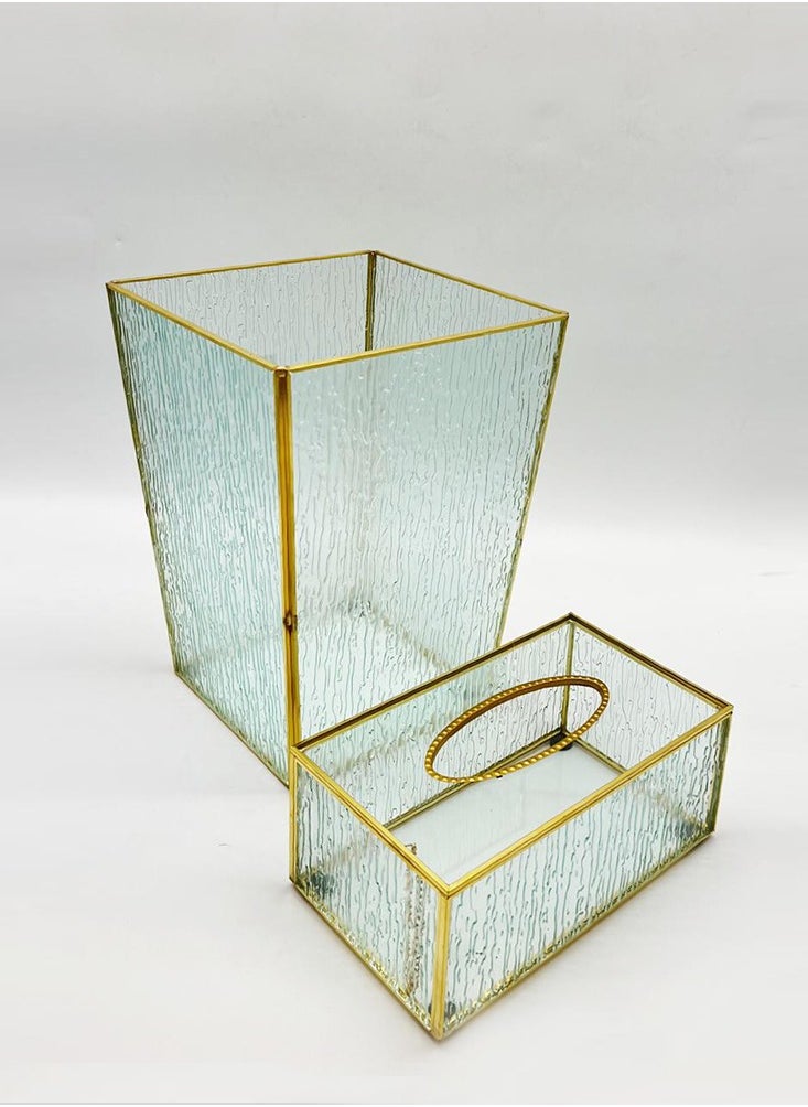 ماركة غير محددة - سلة مهملات وعلبة مناديل زجاجية مثلج وحافة ذهبية بتصميم أنيق ومتطور يضفي جمالاً على منزلك - Image 1