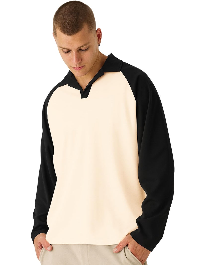 Jump Cuts Mens Colorblock Polo Neck Raglan Full Sleeve Cream & Black LoopKnit Sweatshirt - Image 5