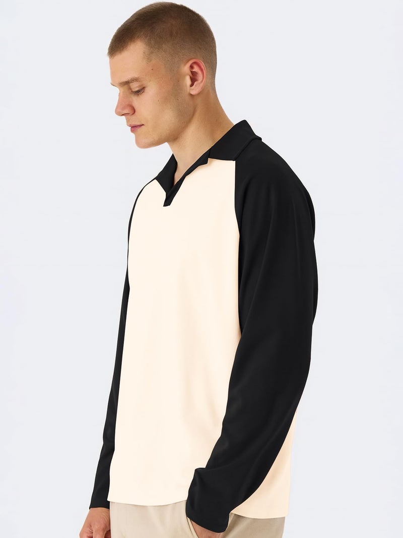 Jump Cuts Mens Colorblock Polo Neck Raglan Full Sleeve Cream & Black LoopKnit Sweatshirt - Image 4