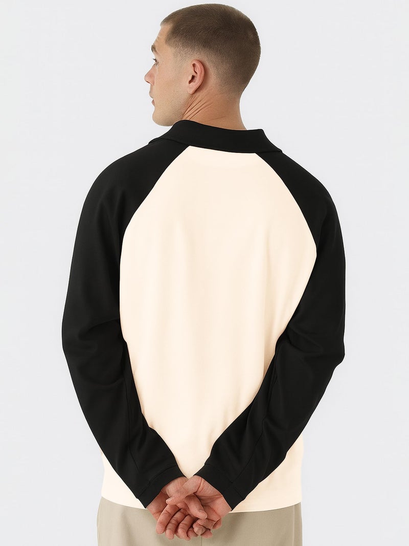 Jump Cuts Mens Colorblock Polo Neck Raglan Full Sleeve Cream & Black LoopKnit Sweatshirt - Image 2