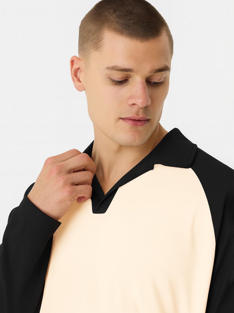Jump Cuts Mens Colorblock Polo Neck Raglan Full Sleeve Cream & Black LoopKnit Sweatshirt - Image 3
