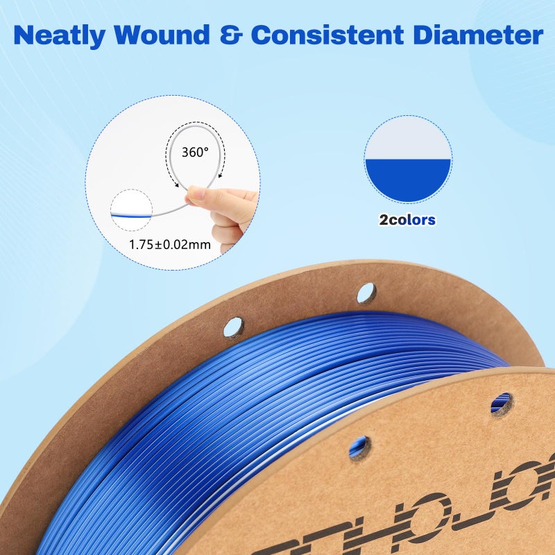 3DHoJor Silk PLA Filament 1.75mm Blue Silver Dual Color PLA 3D Printer Filament 2 in 1 Coextrusion 1KG Spool(2.2lbs) 3D Printing Filament Dimensional Accuracy +/- 0.03mm Fits for Most FDM 3D Printers - Image 3