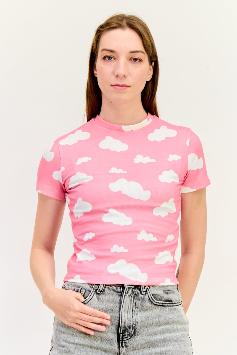 ONLY Women Crew Neck Short Sleeves Allover Print Top, Multicolor - Image 1