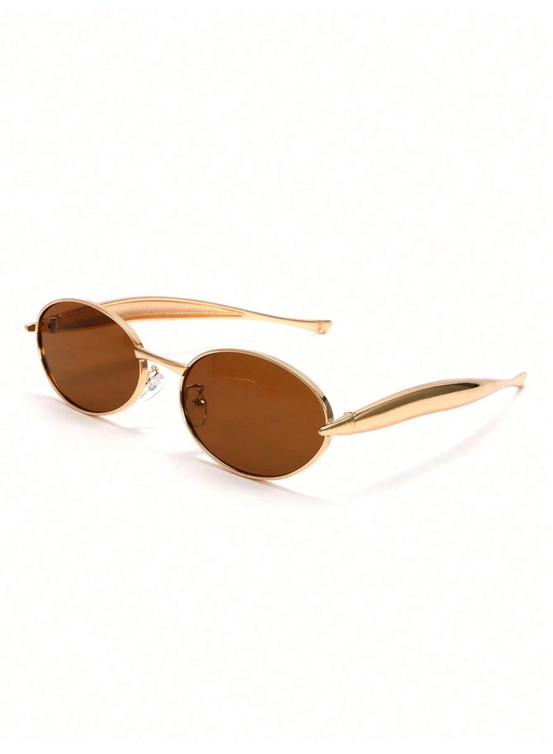 Shein Women’s Retro Oval Sunglasses with Brown Lenses & Gold Metal Frame – Stylish Vintage Eyewear - Image 1