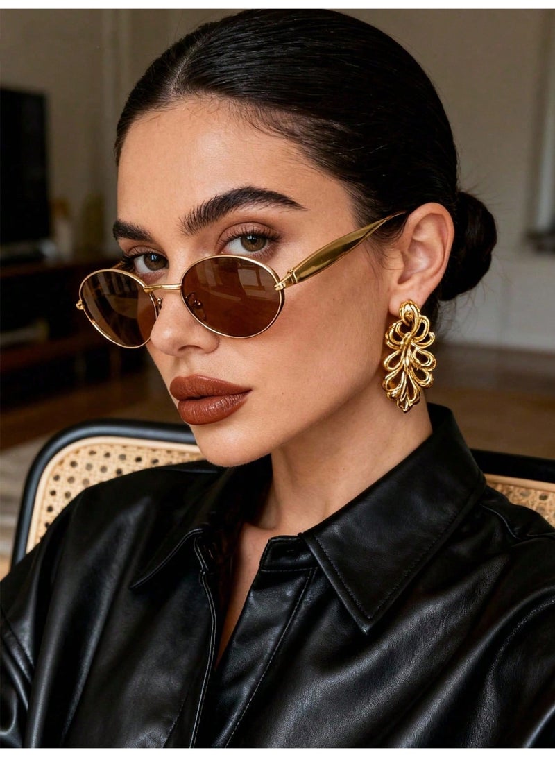 Shein Women’s Retro Oval Sunglasses with Brown Lenses & Gold Metal Frame – Stylish Vintage Eyewear - Image 2