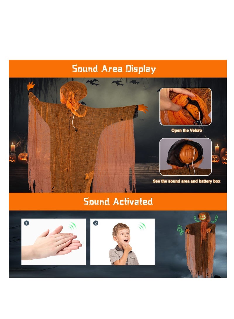 CityRiya-Long Halloween Hanging Pumpkin Ghost Decoration, Scary Flying Ghost with Rotatable Pumpkin Head and Spooky Sound Glowing Eyes for Haunted House Props Halloween Party Indoor Outdoor Yard Decor (Orange) - Image 5