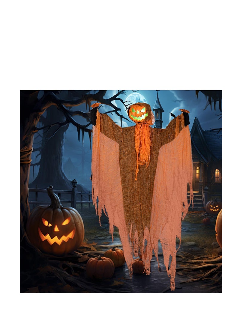 CityRiya-Long Halloween Hanging Pumpkin Ghost Decoration, Scary Flying Ghost with Rotatable Pumpkin Head and Spooky Sound Glowing Eyes for Haunted House Props Halloween Party Indoor Outdoor Yard Decor (Orange) - Image 1