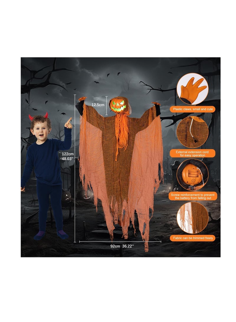 CityRiya-Long Halloween Hanging Pumpkin Ghost Decoration, Scary Flying Ghost with Rotatable Pumpkin Head and Spooky Sound Glowing Eyes for Haunted House Props Halloween Party Indoor Outdoor Yard Decor (Orange) - Image 2