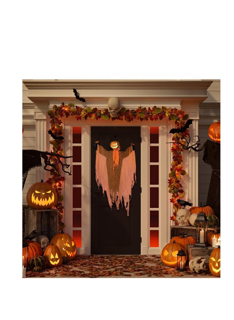 CityRiya-Long Halloween Hanging Pumpkin Ghost Decoration, Scary Flying Ghost with Rotatable Pumpkin Head and Spooky Sound Glowing Eyes for Haunted House Props Halloween Party Indoor Outdoor Yard Decor (Orange) - Image 3