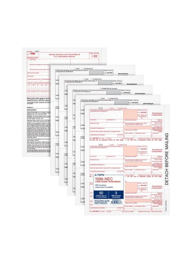 TOPS - 1099 Nec 3 Up Forms 2022 5 Part 1099 Forms Laser Inkjet Tax Form Sets For 50 Recipients Includes 3 1096 Forms 50 Pack (Tx22993Nec22) - Image 1