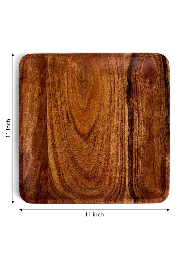 SAAGA Acacia Solid Wooden Square Tray for Serving Snacks, Salads and Noodles | Brown Appetizer Plates for Dining Table - 11 x 11 Inches - Image 2