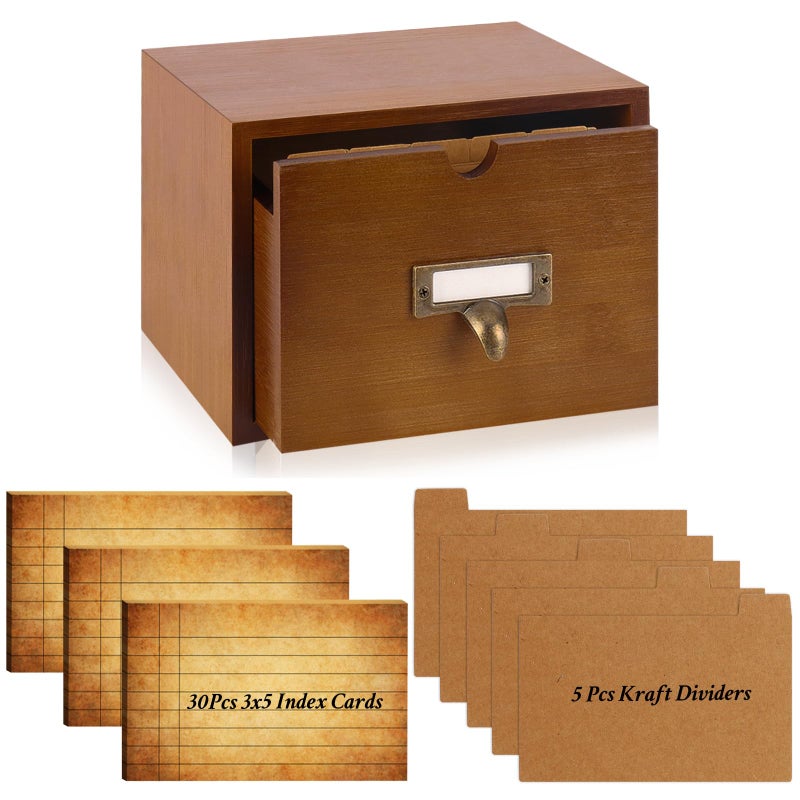DLUGOPIS 3x5 Index Cards Holder Wood Index Card Organizer Box Flash Card Holder Recipe Cards Holder with Drawer 30 Pcs Vintage Library Cards 5 Kraft Dividers For Gifts Cards Home Office - Image 1