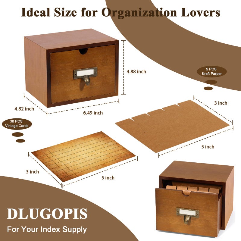 DLUGOPIS 3x5 Index Cards Holder Wood Index Card Organizer Box Flash Card Holder Recipe Cards Holder with Drawer 30 Pcs Vintage Library Cards 5 Kraft Dividers For Gifts Cards Home Office - Image 2