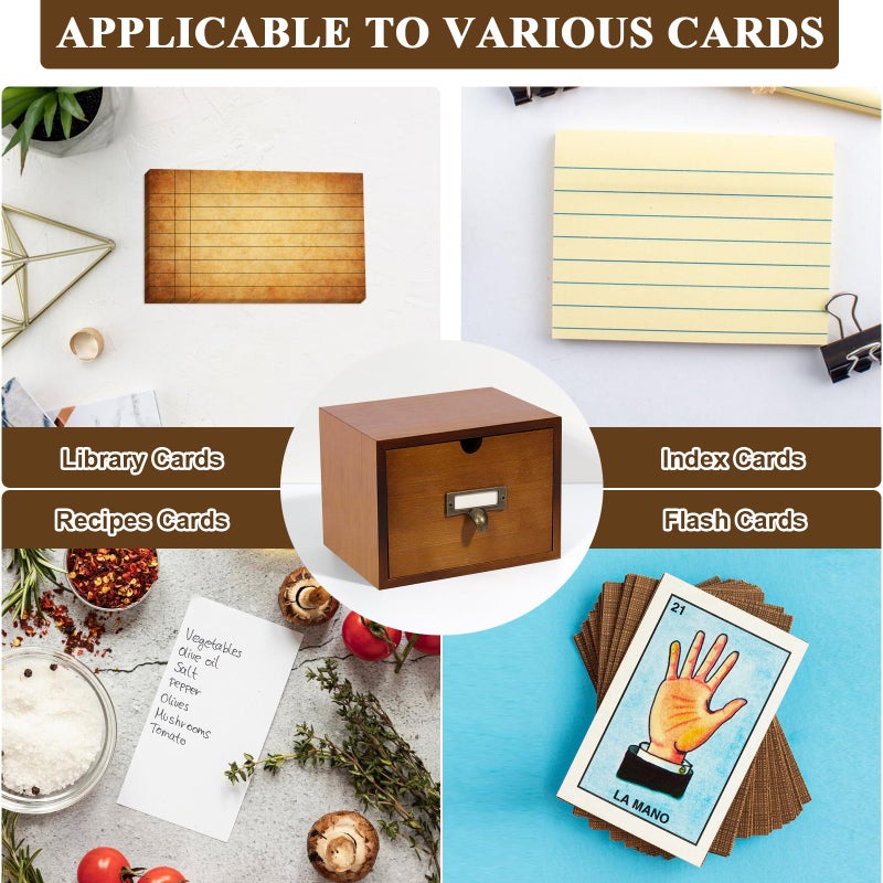 DLUGOPIS 3x5 Index Cards Holder Wood Index Card Organizer Box Flash Card Holder Recipe Cards Holder with Drawer 30 Pcs Vintage Library Cards 5 Kraft Dividers For Gifts Cards Home Office - Image 5